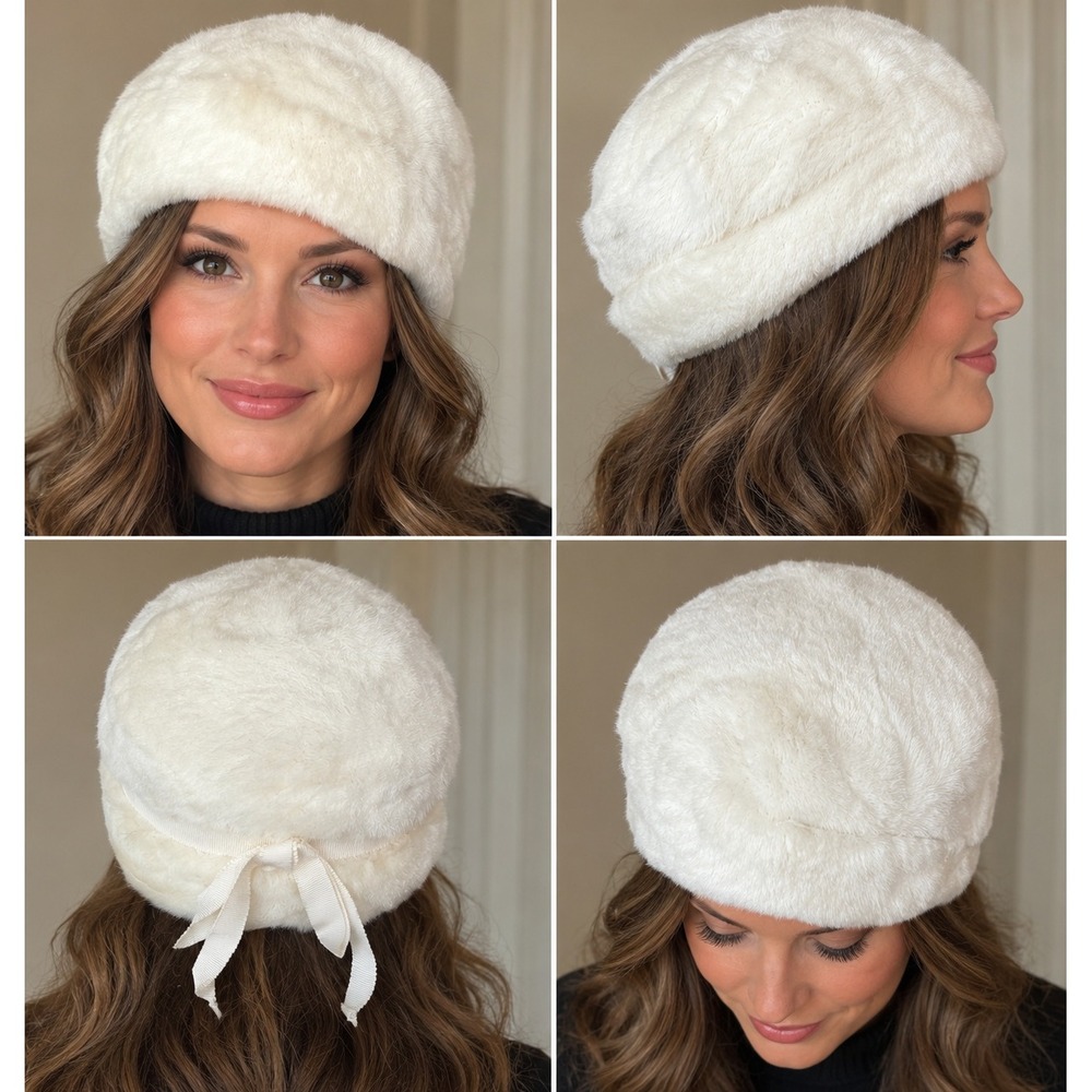 Vintage 1950s 60s White Faux Fur Pillbox Hat with Back Ribbon Bow Bridal Winter